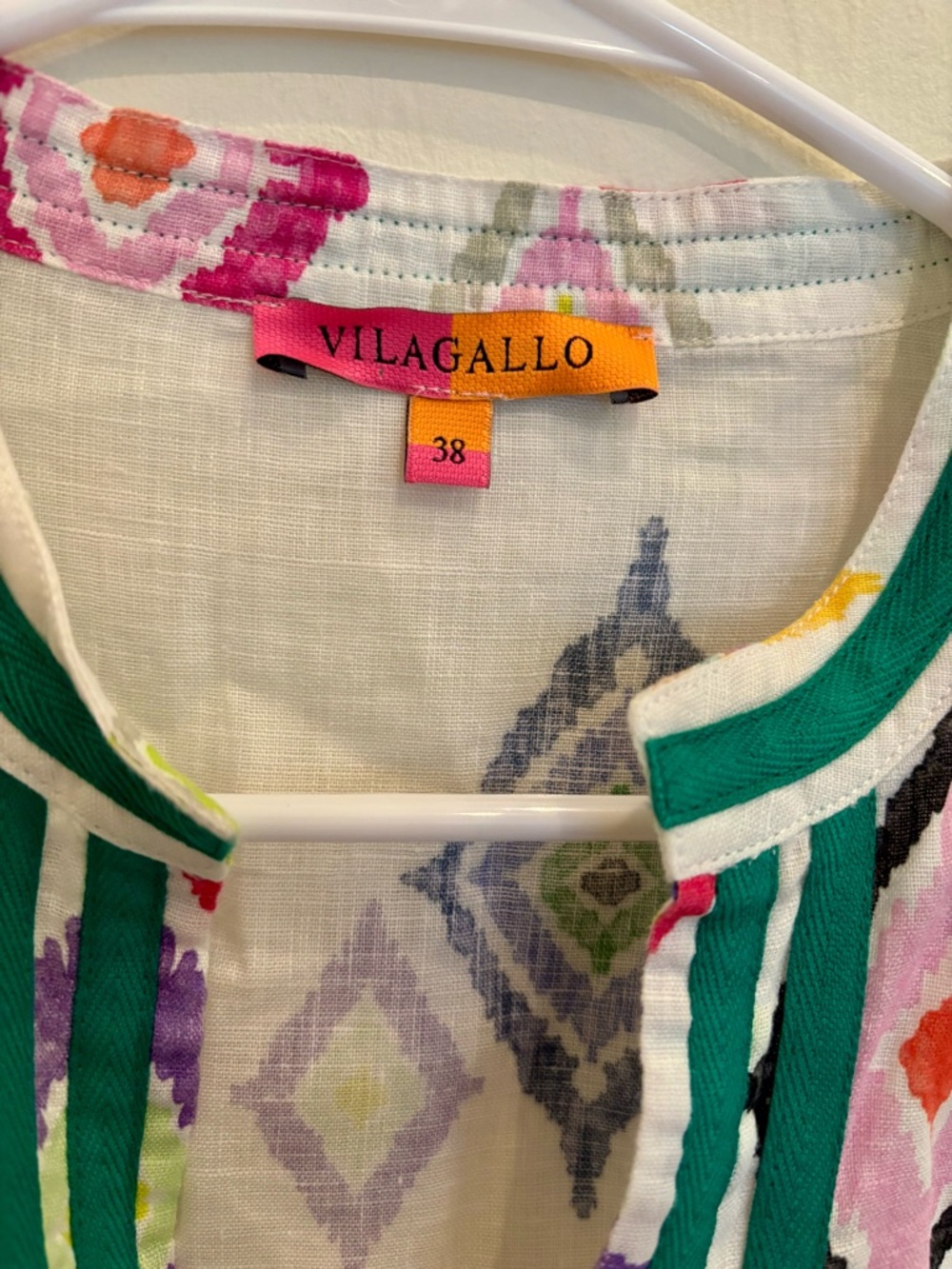Vilagallo 100% Linen Ikat Tunic Contrast Trim Portugal Sz S 38 Colorful - Picture 4 of 9